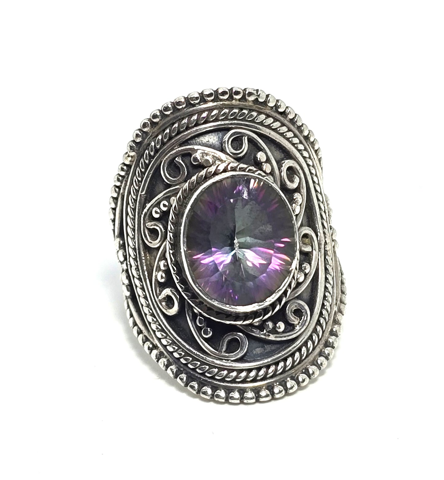 Peacock Mystic Topaz rainbow gemstone tribal Bali sterling silver ring size 8