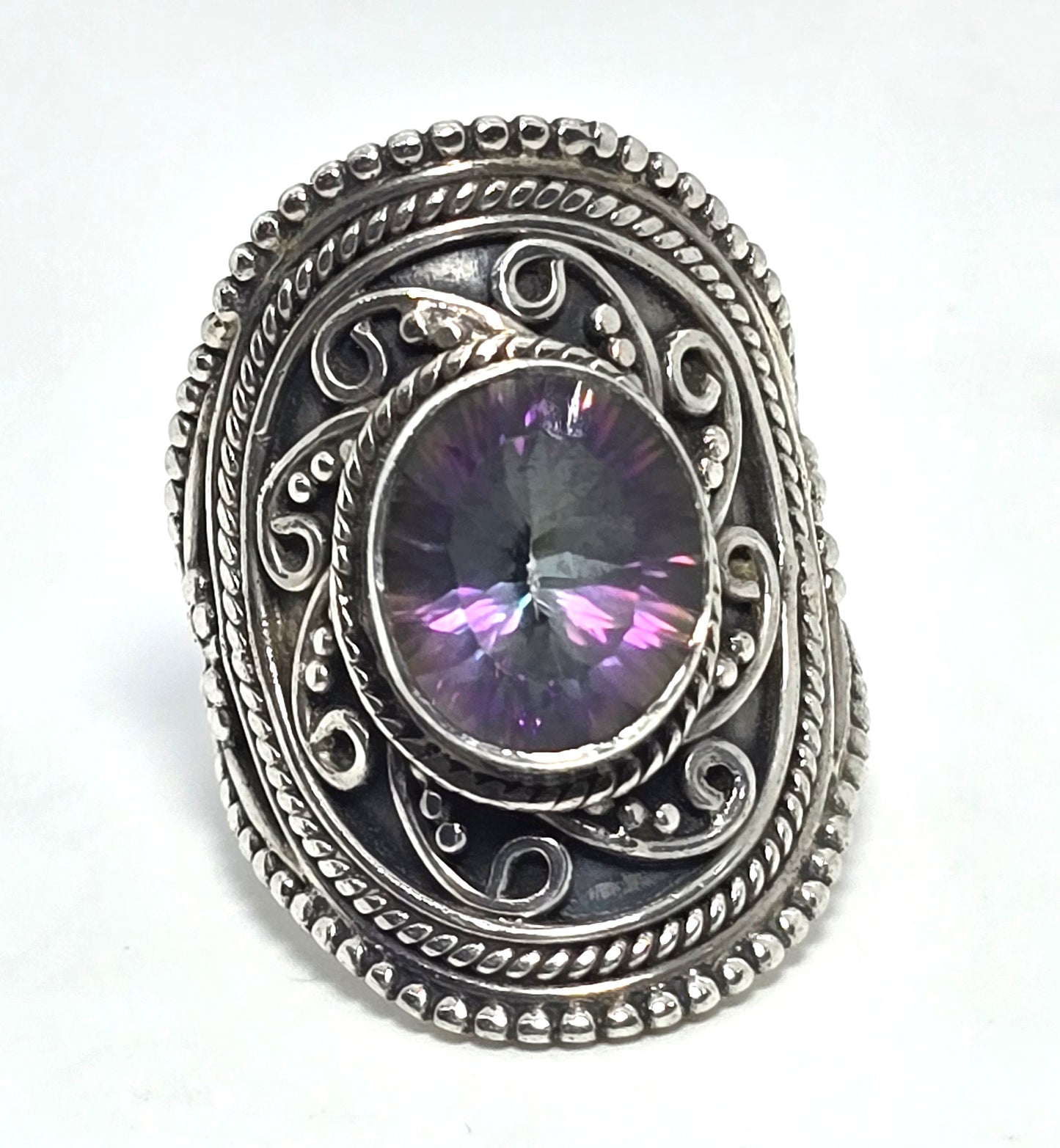 Peacock Mystic Topaz rainbow gemstone tribal Bali sterling silver ring size 8