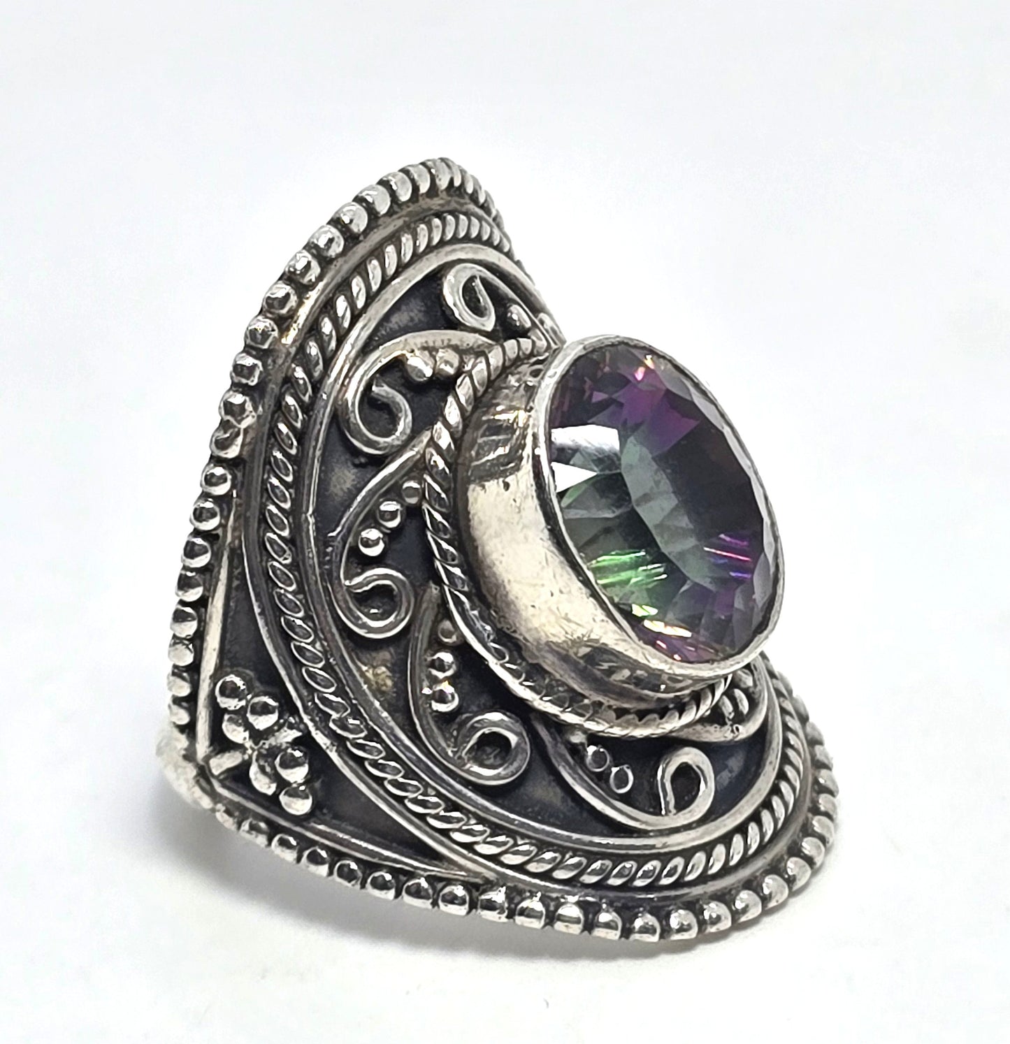Peacock Mystic Topaz rainbow gemstone tribal Bali sterling silver ring size 8