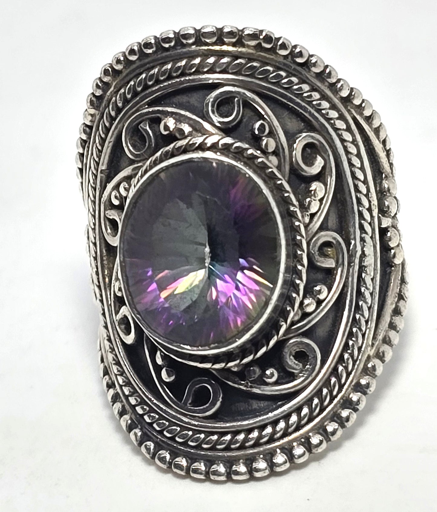 Peacock Mystic Topaz rainbow gemstone tribal Bali sterling silver ring size 8