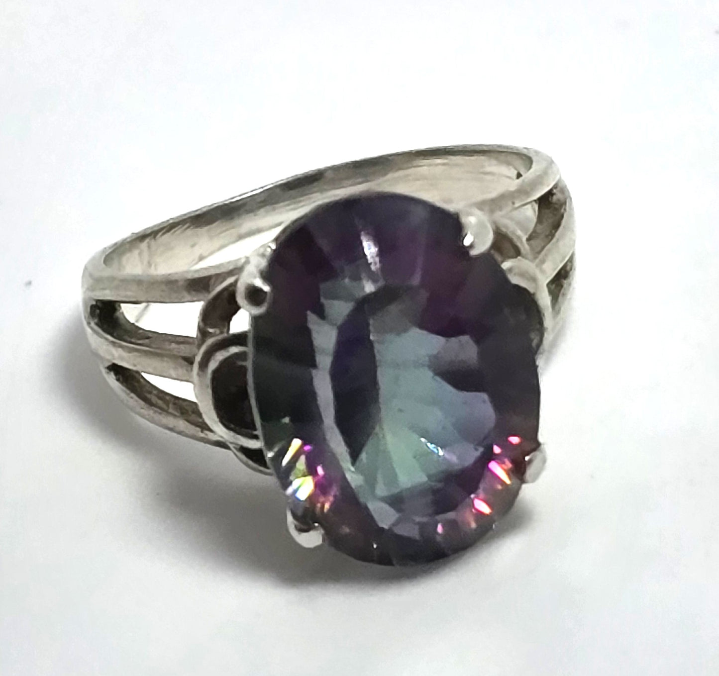 Peacock Mystic Topaz 5ct oval cut faceted sterling silver solitaire ring size 6
