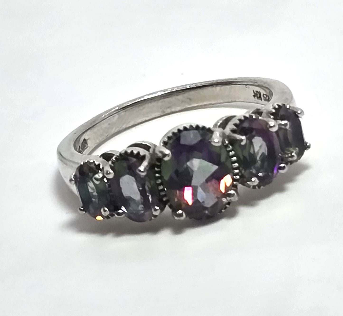 Peacock Mystic Topaz 5 stone oval cut faceted sterling silver ring size 7.75