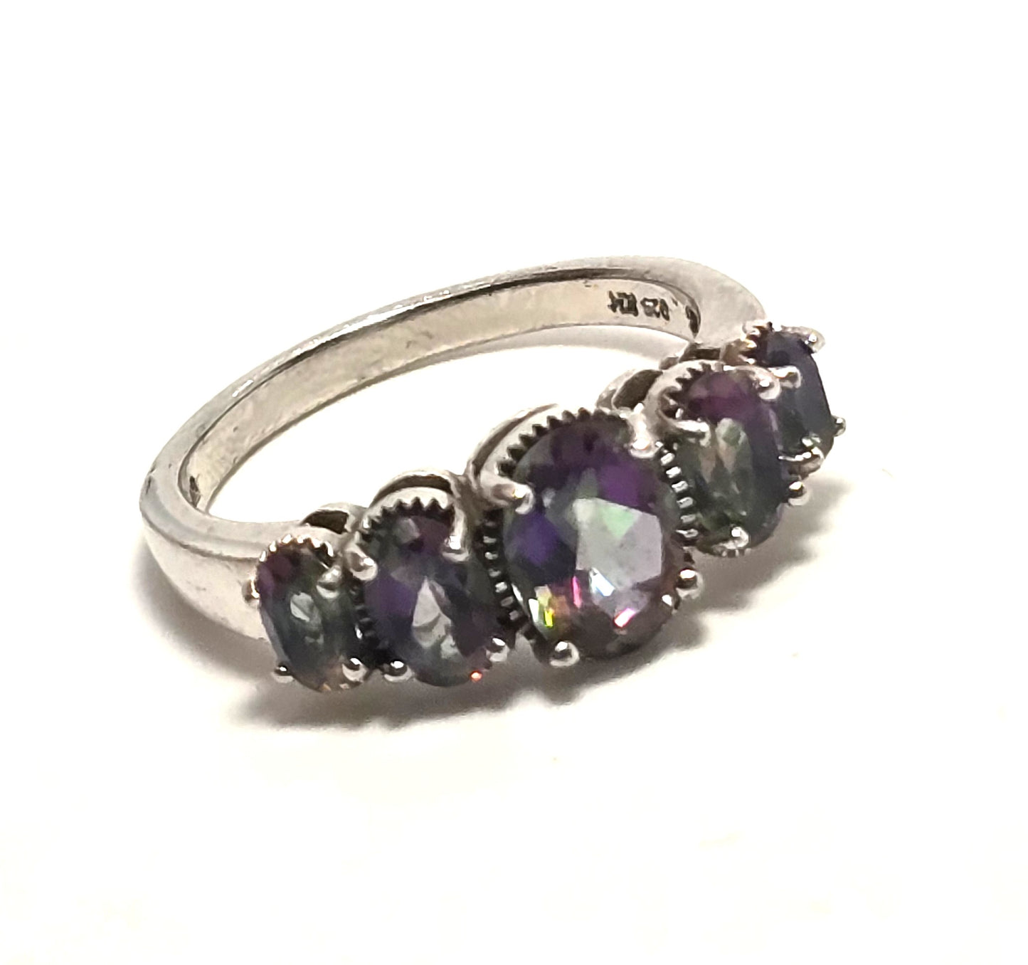 Peacock Mystic Topaz 5 stone oval cut faceted sterling silver ring size 7.75