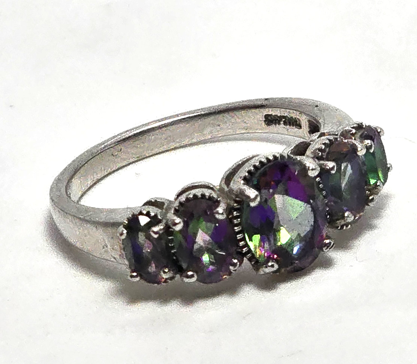 Peacock Mystic Topaz 5 stone oval cut faceted sterling silver ring size 7.75