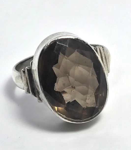 Smoky Quartz 11.6ct large gemstone vintage sterling silver ring size 8.5