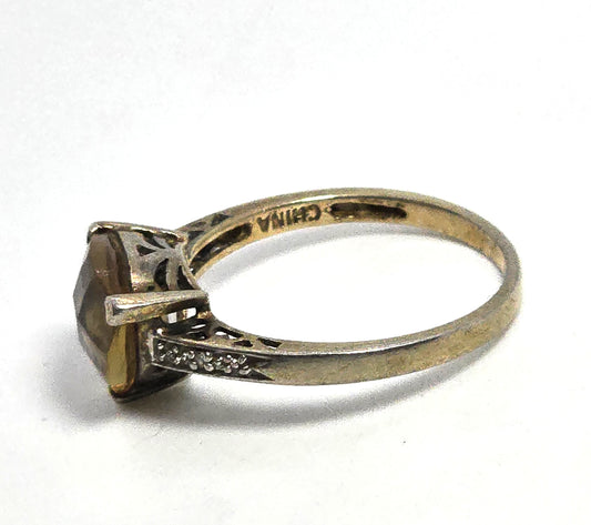 UTC Citrine Two Diamond chip Gold Vermeil vintage Sterling Silver Ring Size 10