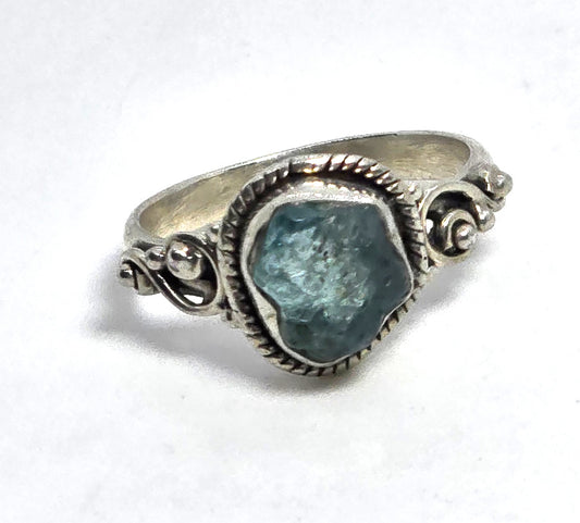 Aquamarine raw gemstone sterling silver Bali style  ring size 6