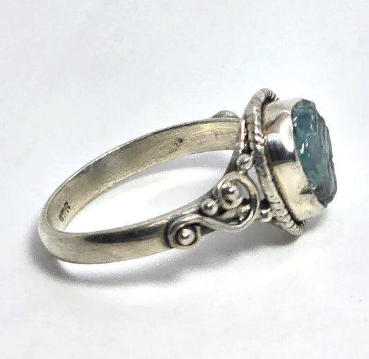 Aquamarine raw gemstone sterling silver Bali style  ring size 6