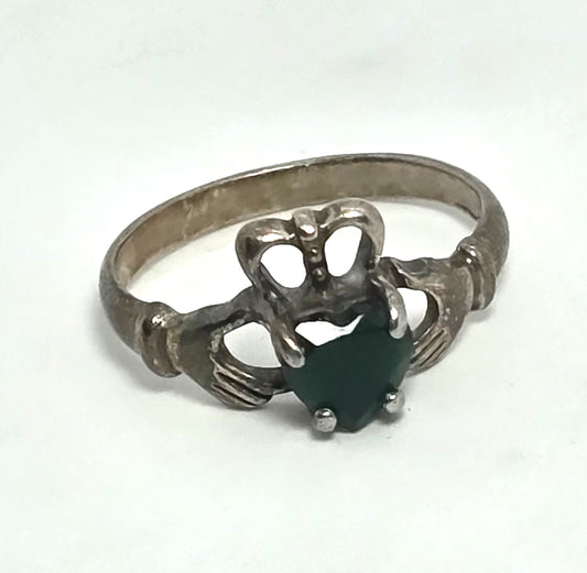 Claddagh Irish emerald heart sterling silver vintage Shube ring band size 7