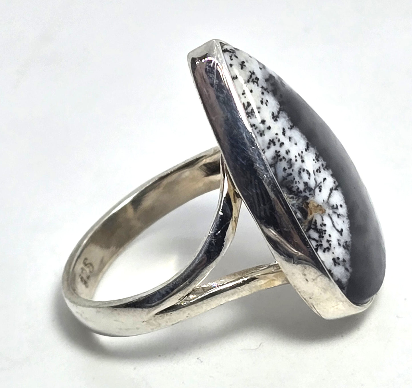 Dendritic agate opal gemstone sterling silver large vintage Ring size 8.5