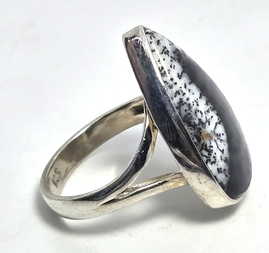 Dendritic agate opal gemstone sterling silver large vintage Ring size 8.5