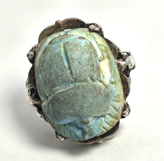 Egyptian Revival Scarab faience blue cab vintage sterling silver ring size 8