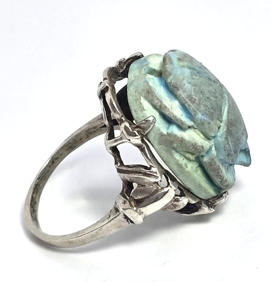 Egyptian Revival Scarab faience blue cab vintage sterling silver ring size 8