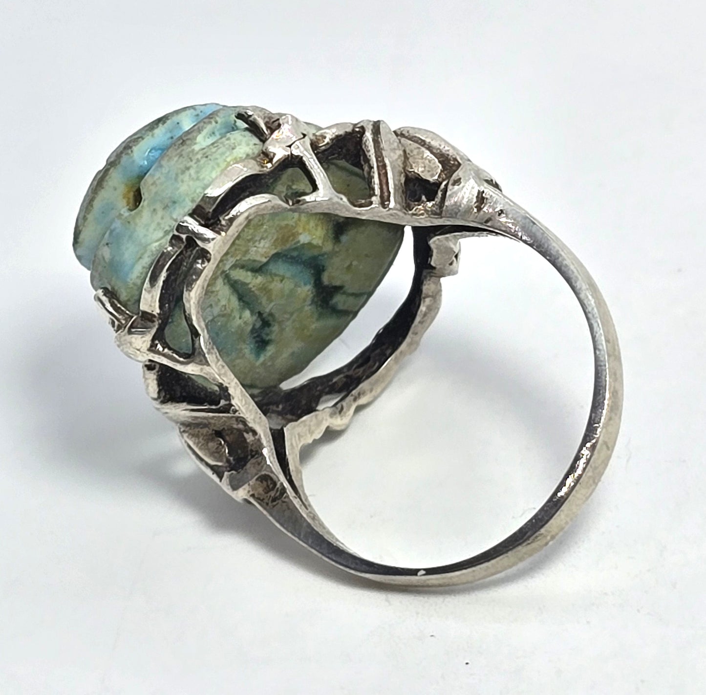 Egyptian Revival Scarab faience blue cab vintage sterling silver ring size 8