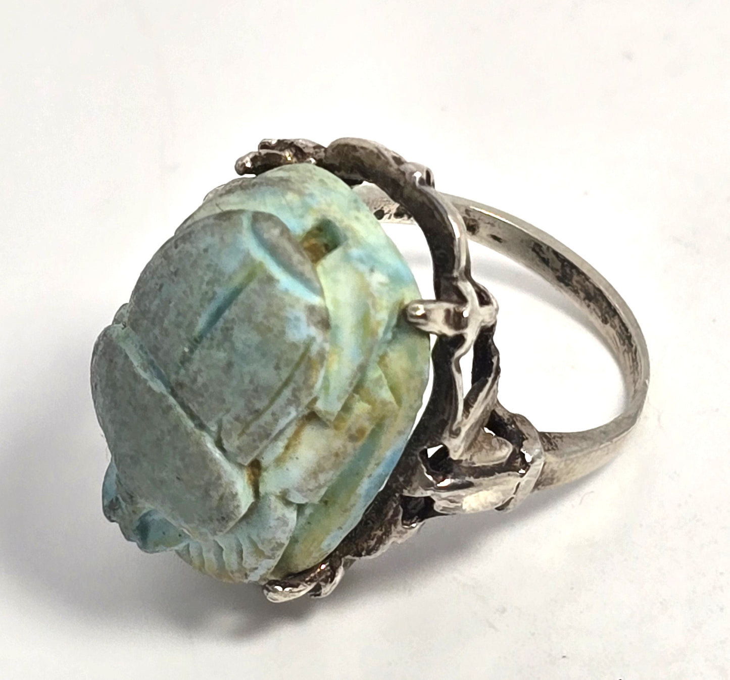 Egyptian Revival Scarab faience blue cab vintage sterling silver ring size 8