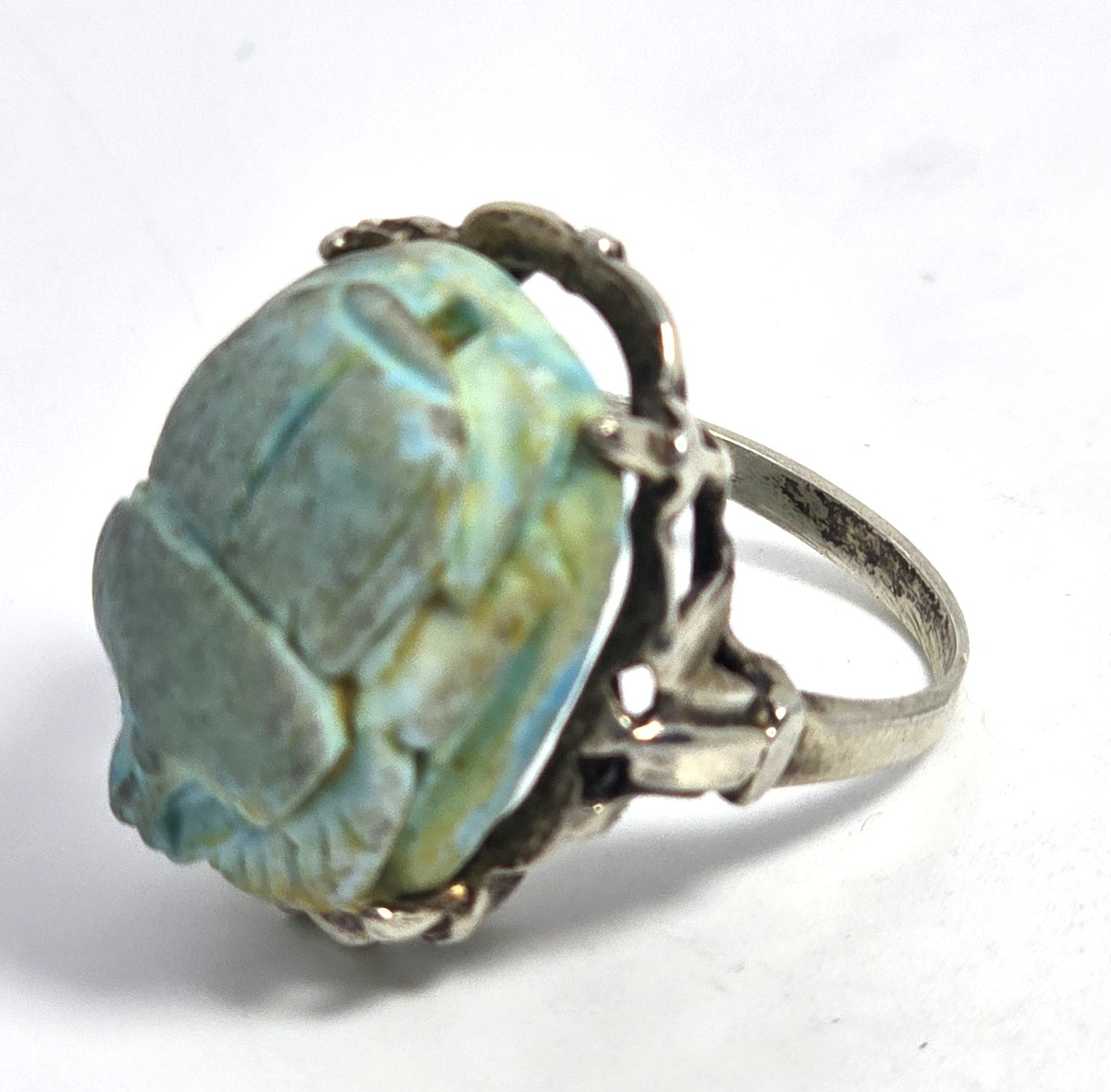 Egyptian Revival Scarab faience blue cab vintage sterling silver ring size 8