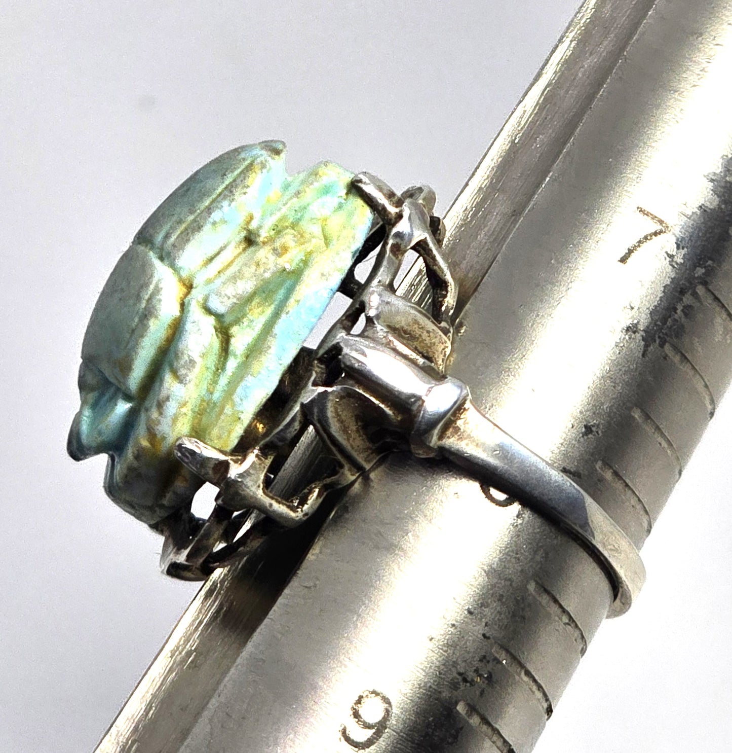 Egyptian Revival Scarab faience blue cab vintage sterling silver ring size 8