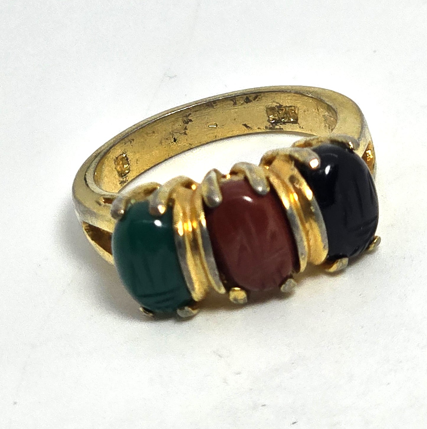 Egyptian Revival Onyx Jasper Aventurine Scarab gold over sterling silver ring size 6