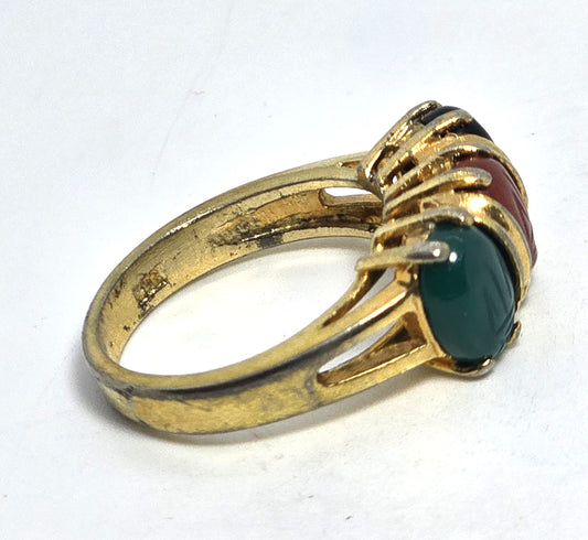 Egyptian Revival Onyx Jasper Aventurine Scarab gold over sterling silver ring size 6
