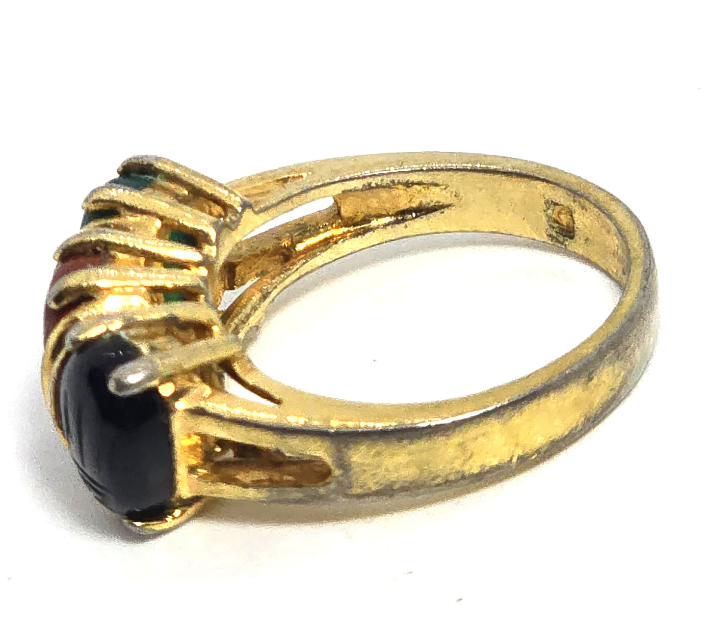 Egyptian Revival Onyx Jasper Aventurine Scarab gold over sterling silver ring size 6