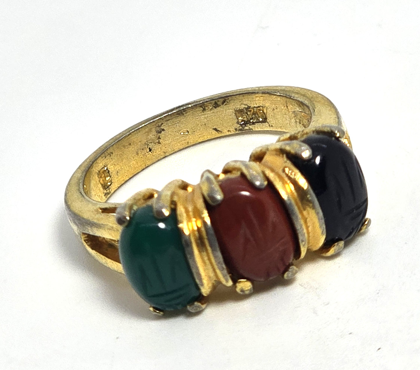 Egyptian Revival Onyx Jasper Aventurine Scarab gold over sterling silver ring size 6