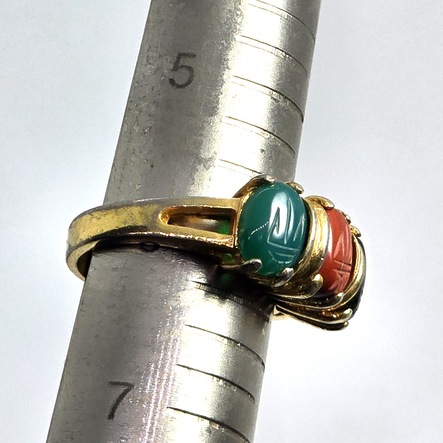 Egyptian Revival Onyx Jasper Aventurine Scarab gold over sterling silver ring size 6