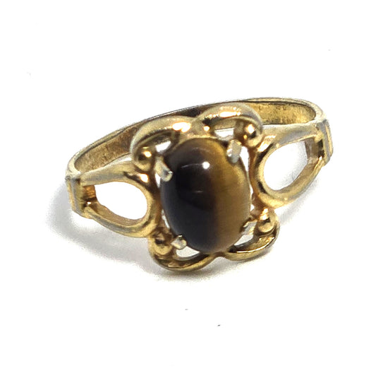 Brown Tiger's eye yellow 18k gold electroplate vintage ring size 6
