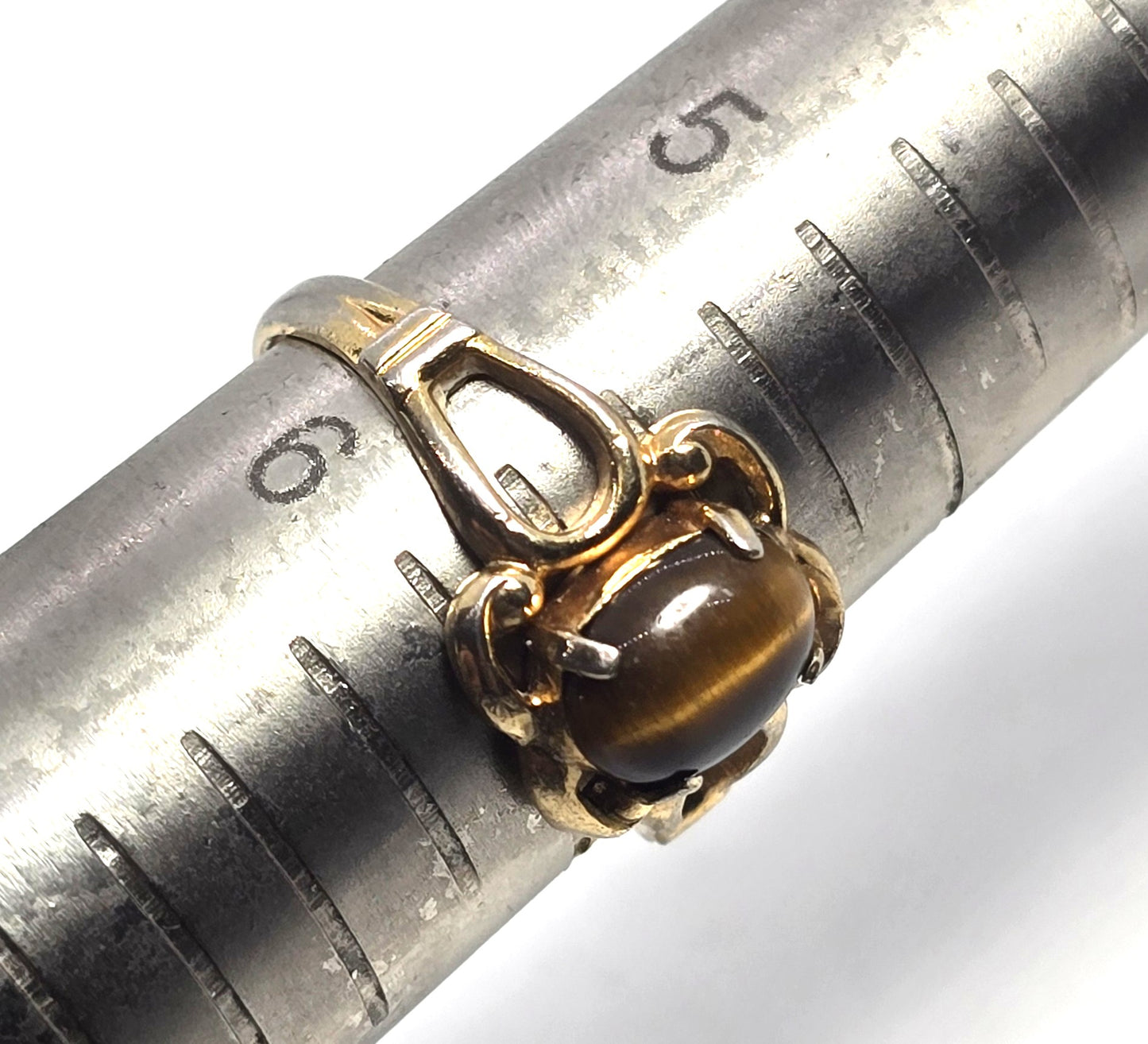 Brown Tiger's eye yellow 18k gold electroplate vintage ring size 6
