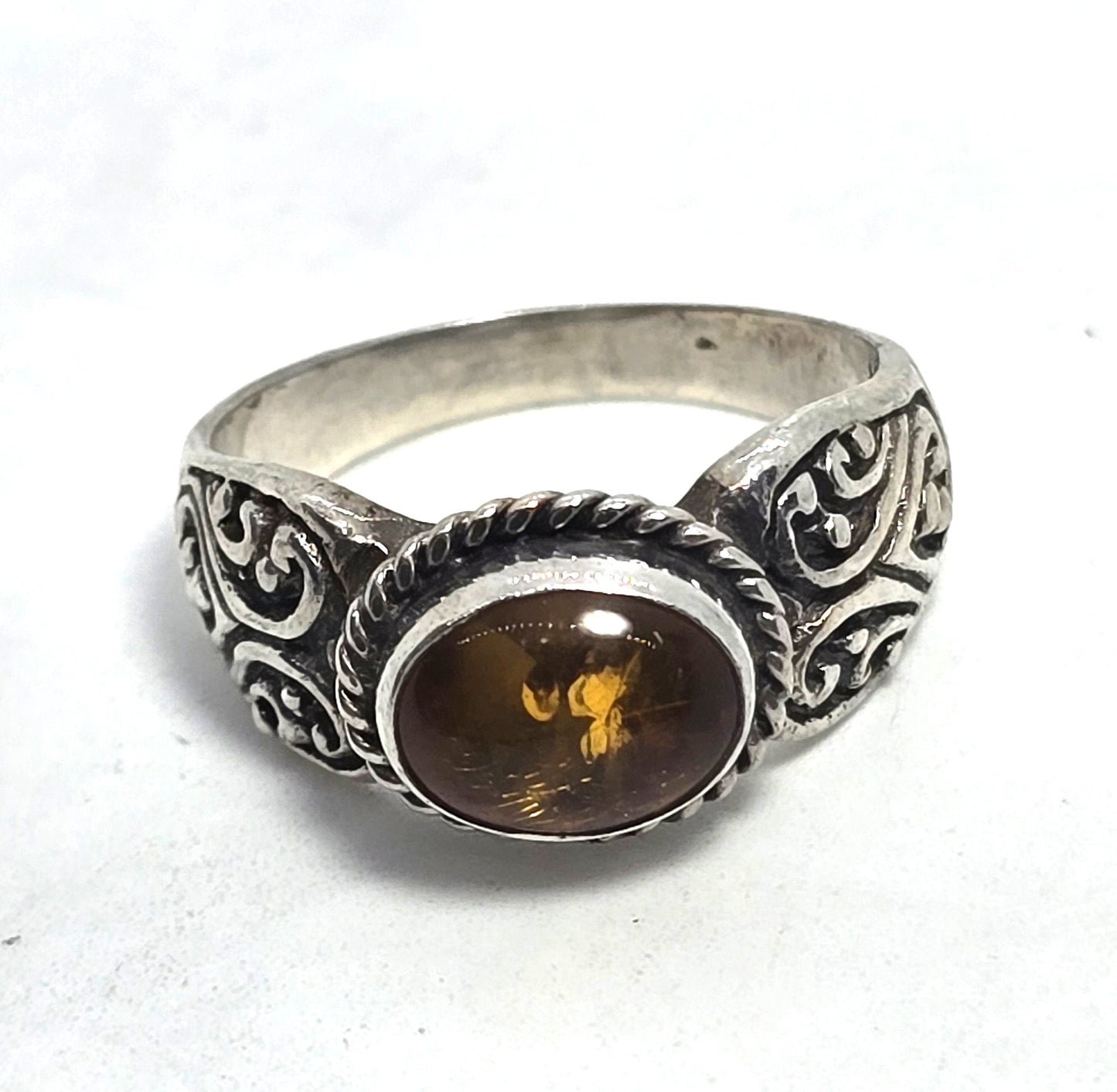Baltic Amber tribal Balinese Bali vintage sterling silver ring size 7