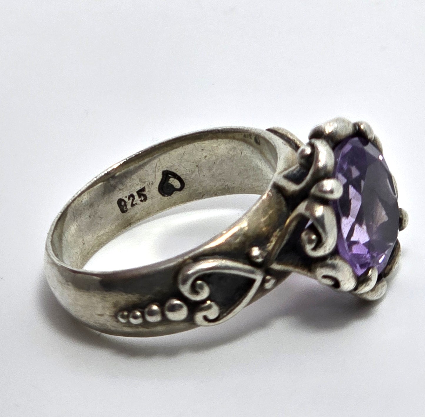 Brighton Heart Amethyst filigree signed sterling silver decorated band ring size 7