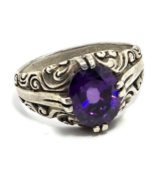 Amethyst tribal Bali JV filigree sterling silver vintage ring size 8.5