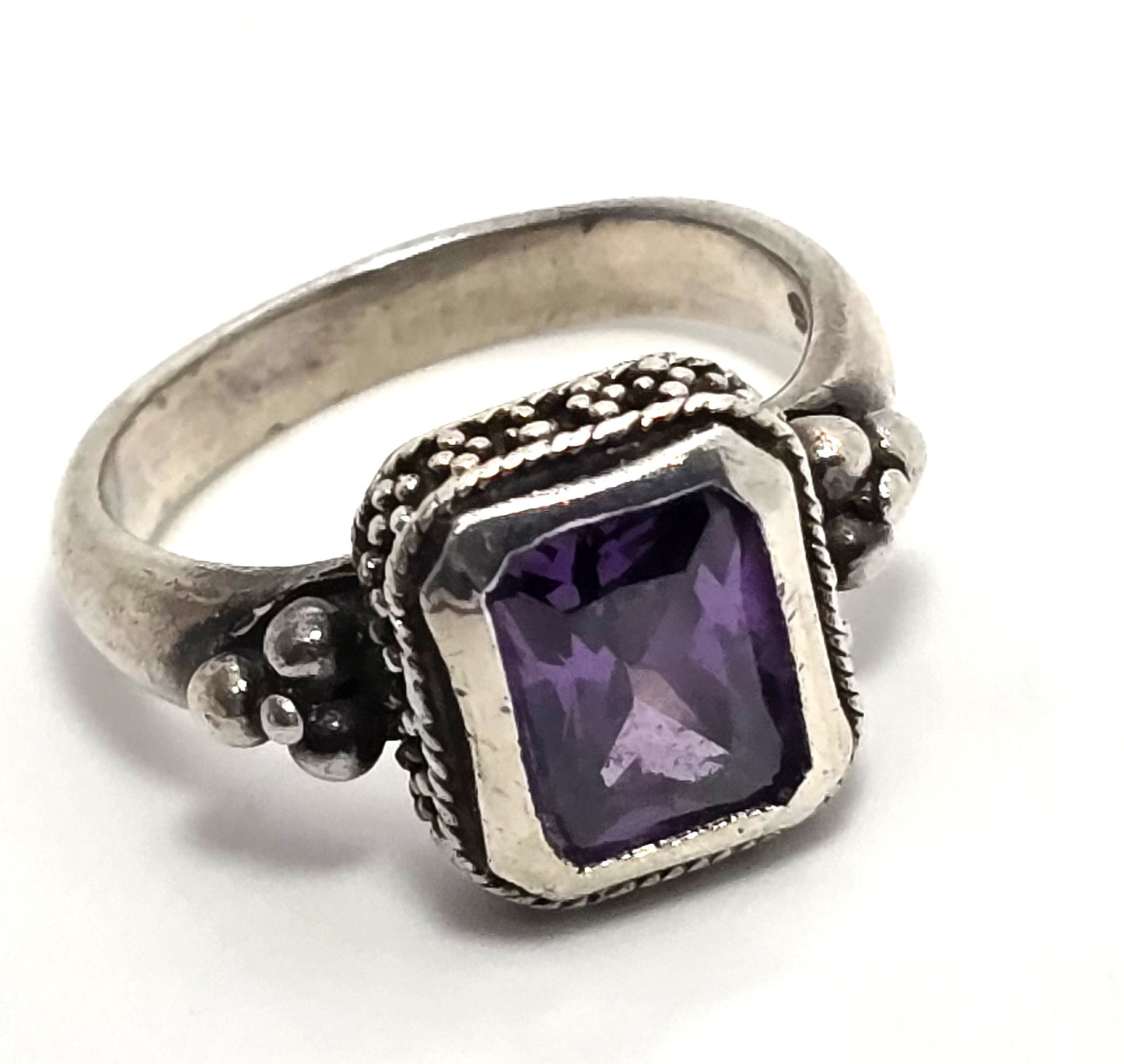 Amethyst emerald cut tribal Bali Balinese NF sterling silver vintage ring size 6.5