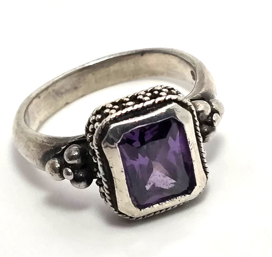 Amethyst emerald cut tribal Bali Balinese NF sterling silver vintage ring size 6.5
