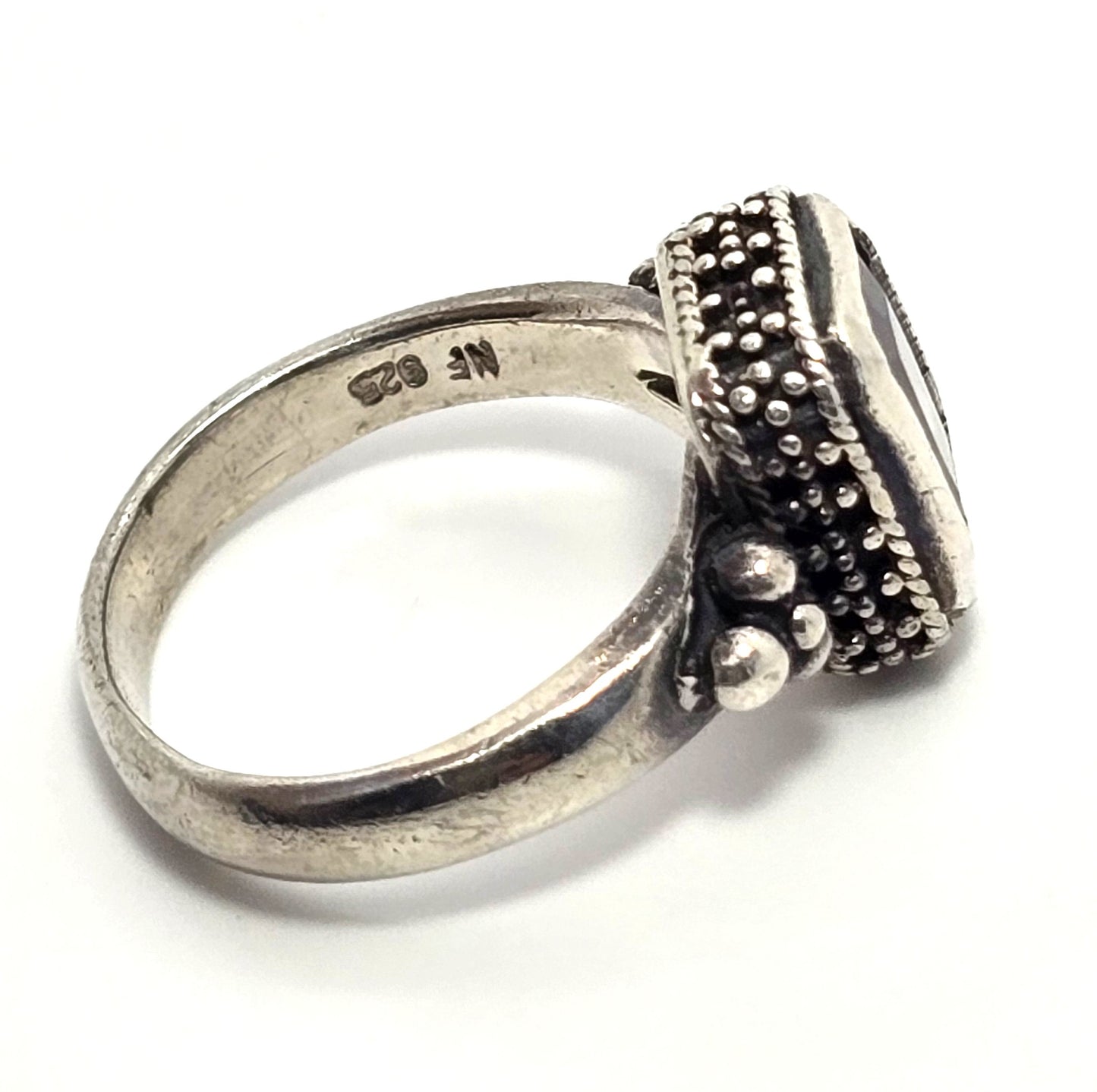 Amethyst emerald cut tribal Bali Balinese NF sterling silver vintage ring size 6.5