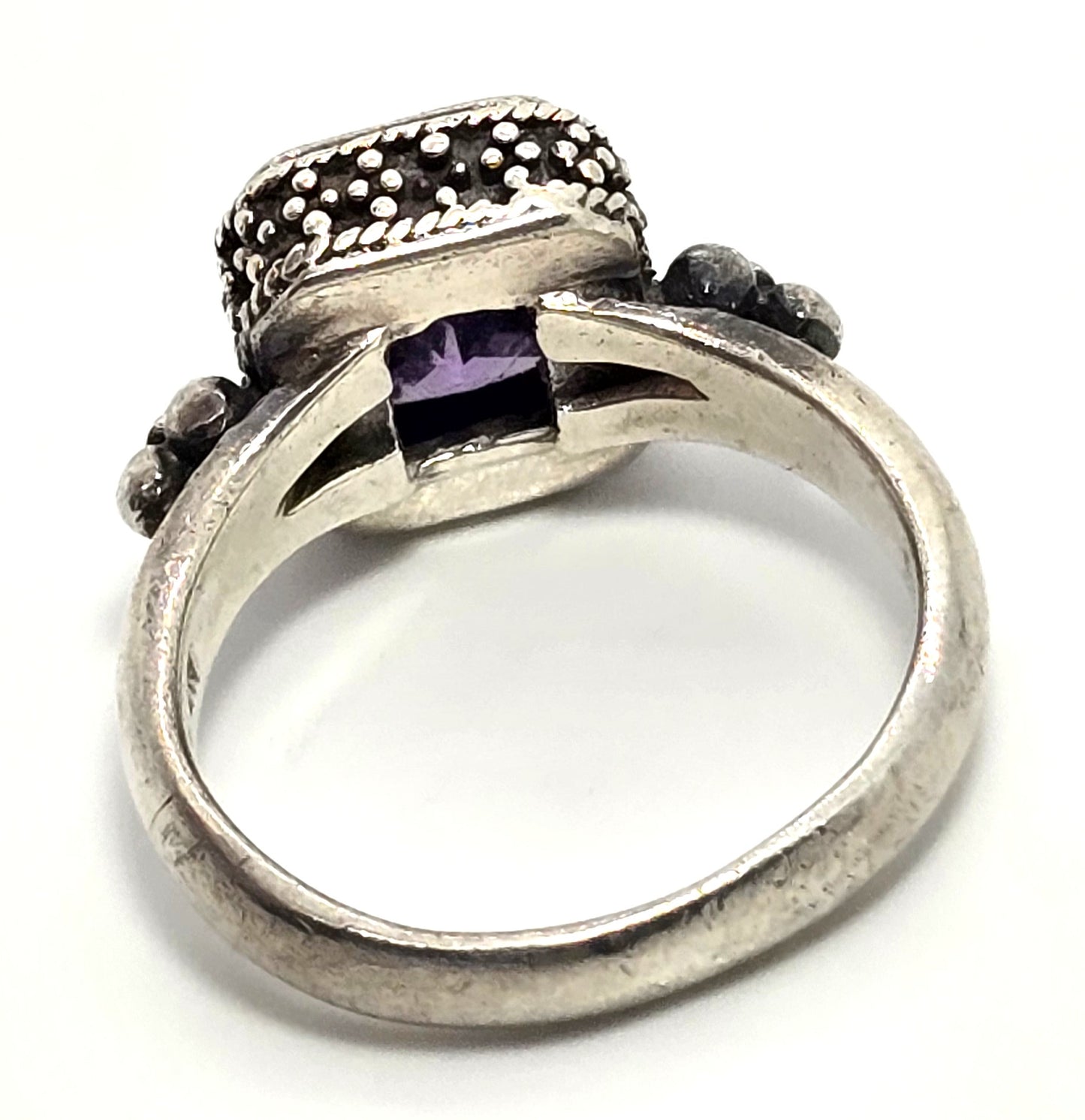 Amethyst emerald cut tribal Bali Balinese NF sterling silver vintage ring size 6.5