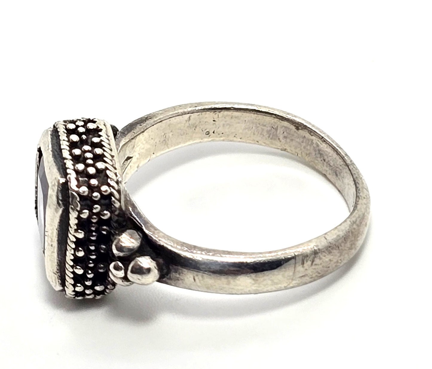 Amethyst emerald cut tribal Bali Balinese NF sterling silver vintage ring size 6.5