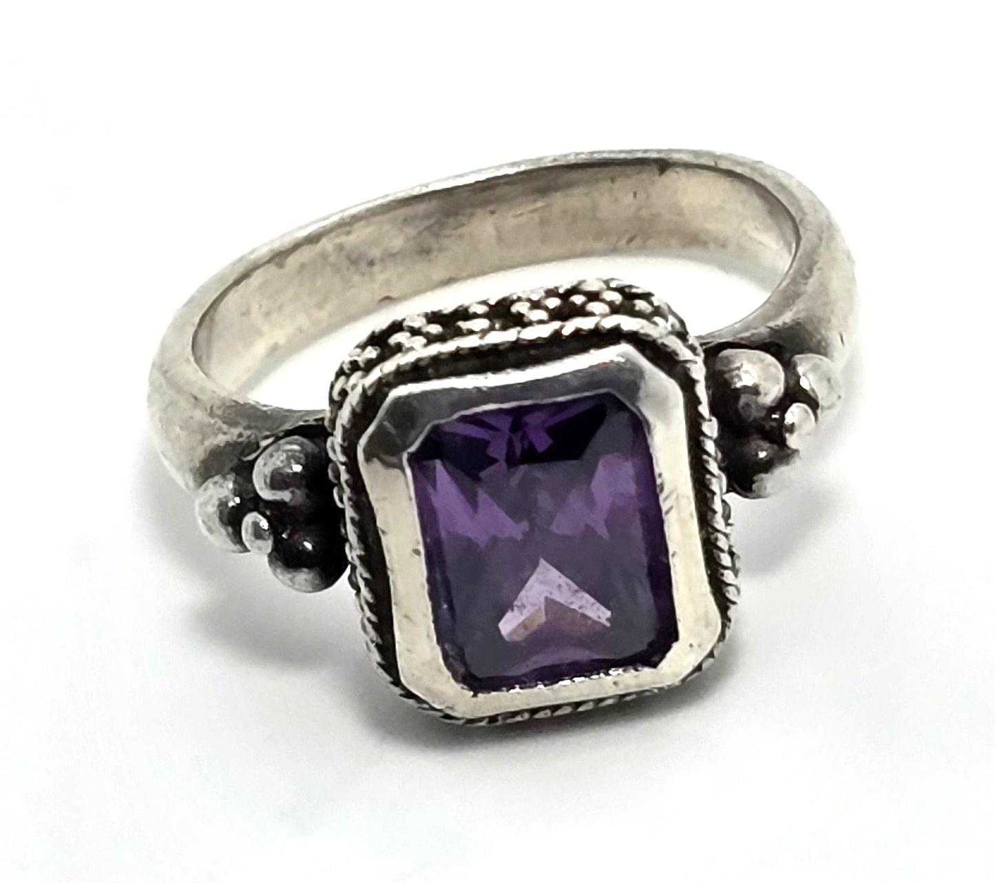 Amethyst emerald cut tribal Bali Balinese NF sterling silver vintage ring size 6.5