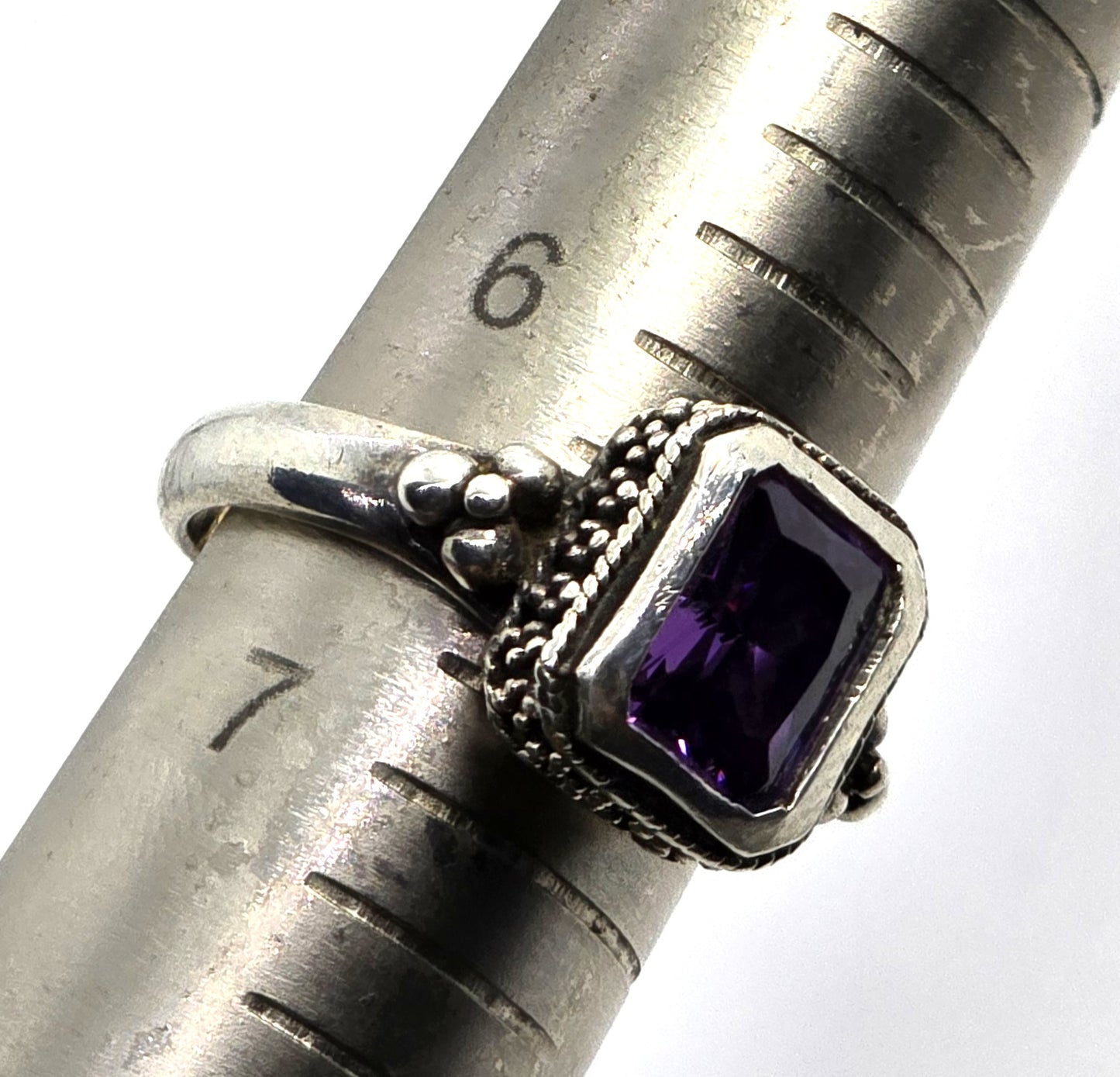Amethyst emerald cut tribal Bali Balinese NF sterling silver vintage ring size 6.5