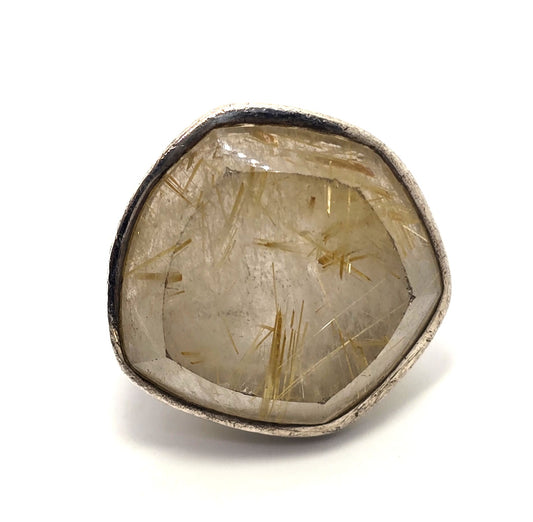 Barse Golden rutilated quartz large thick solid sterling silver ring size 6