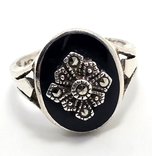 Black onyx Marcasite Art Deco style MD vintage sterling silver ring size 7