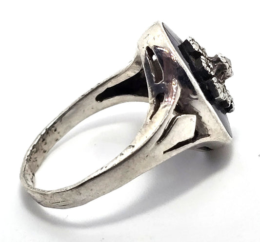 Black onyx Marcasite Art Deco style MD vintage sterling silver ring size 7
