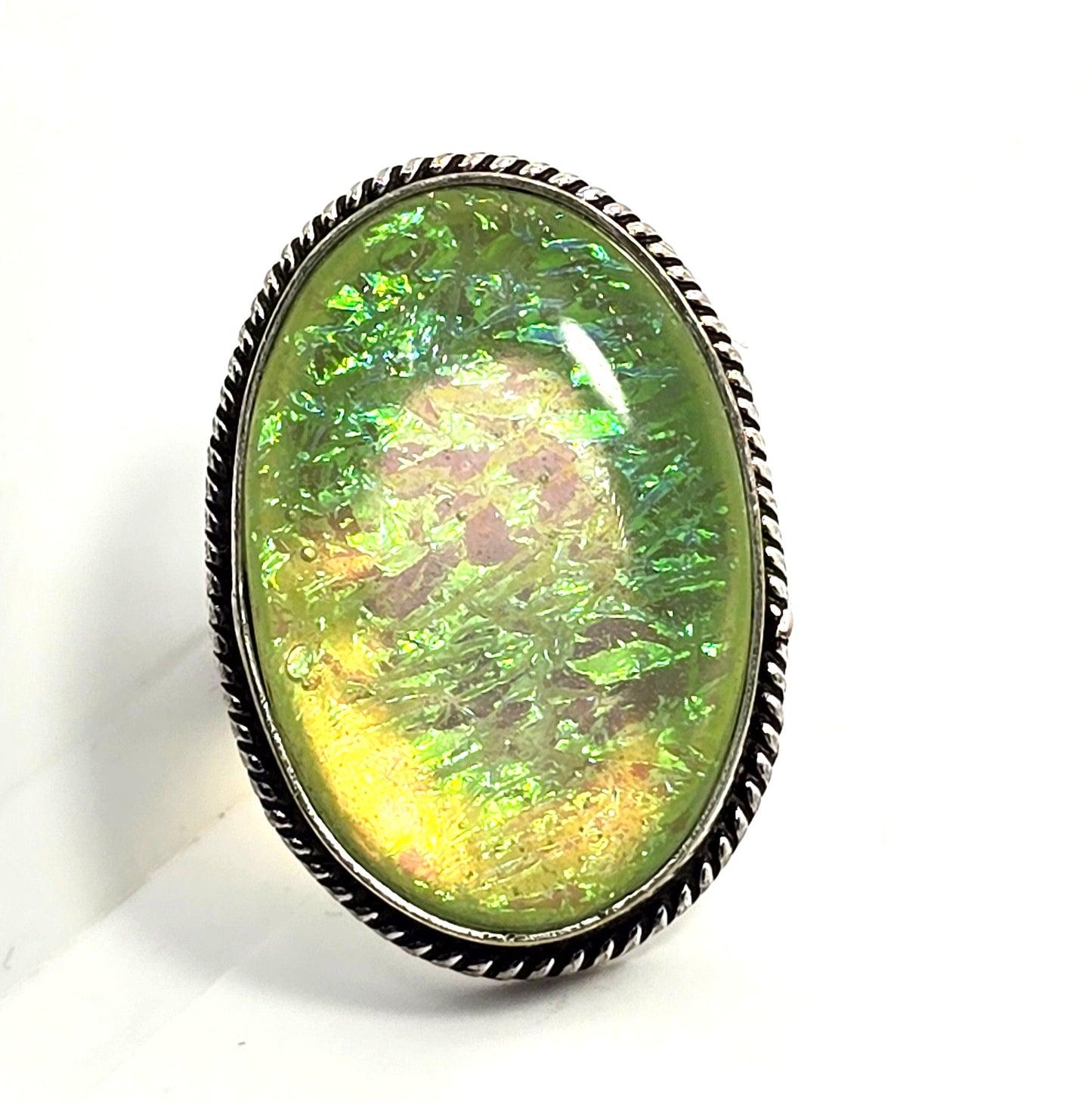 Dichroic foil glass green artisan plated  silver vintage ring size 7.5