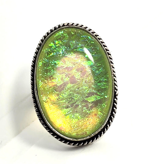 Dichroic foil glass green artisan plated  silver vintage ring size 7.5