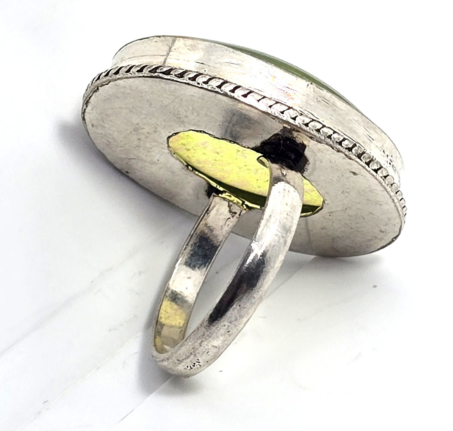 Dichroic foil glass green artisan plated  silver vintage ring size 7.5