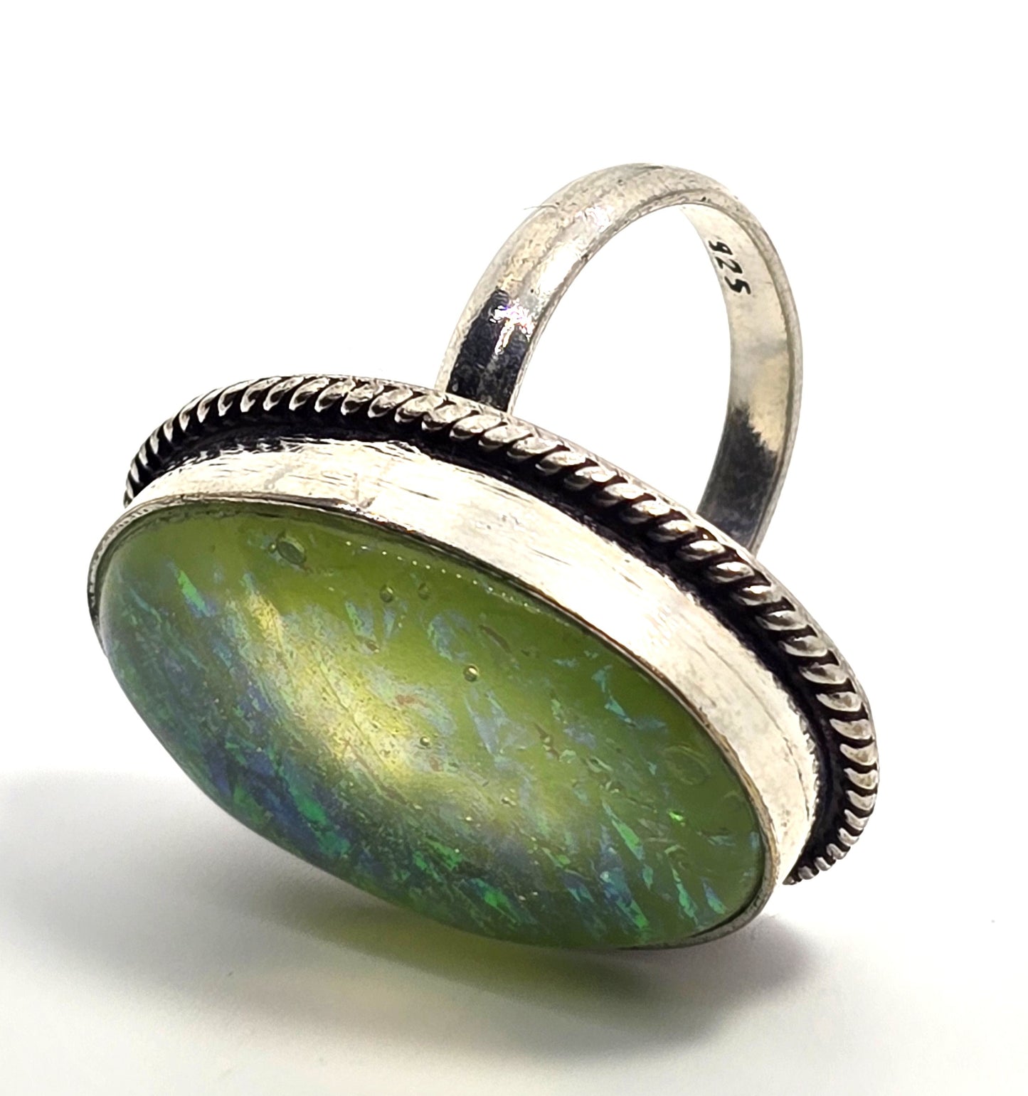 Dichroic foil glass green artisan plated  silver vintage ring size 7.5