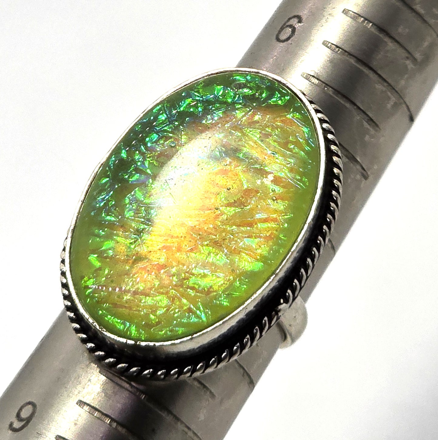 Dichroic foil glass green artisan plated  silver vintage ring size 7.5