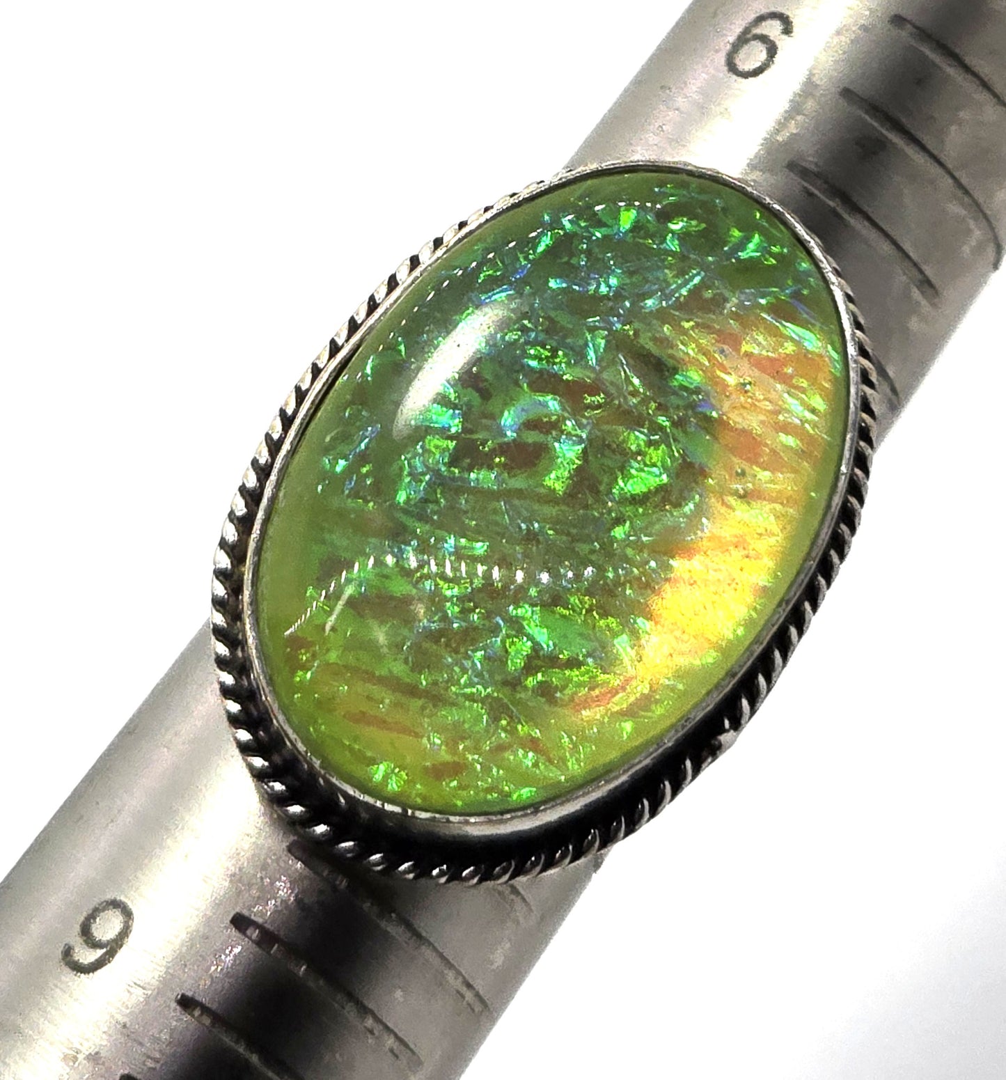 Dichroic foil glass green artisan plated  silver vintage ring size 7.5