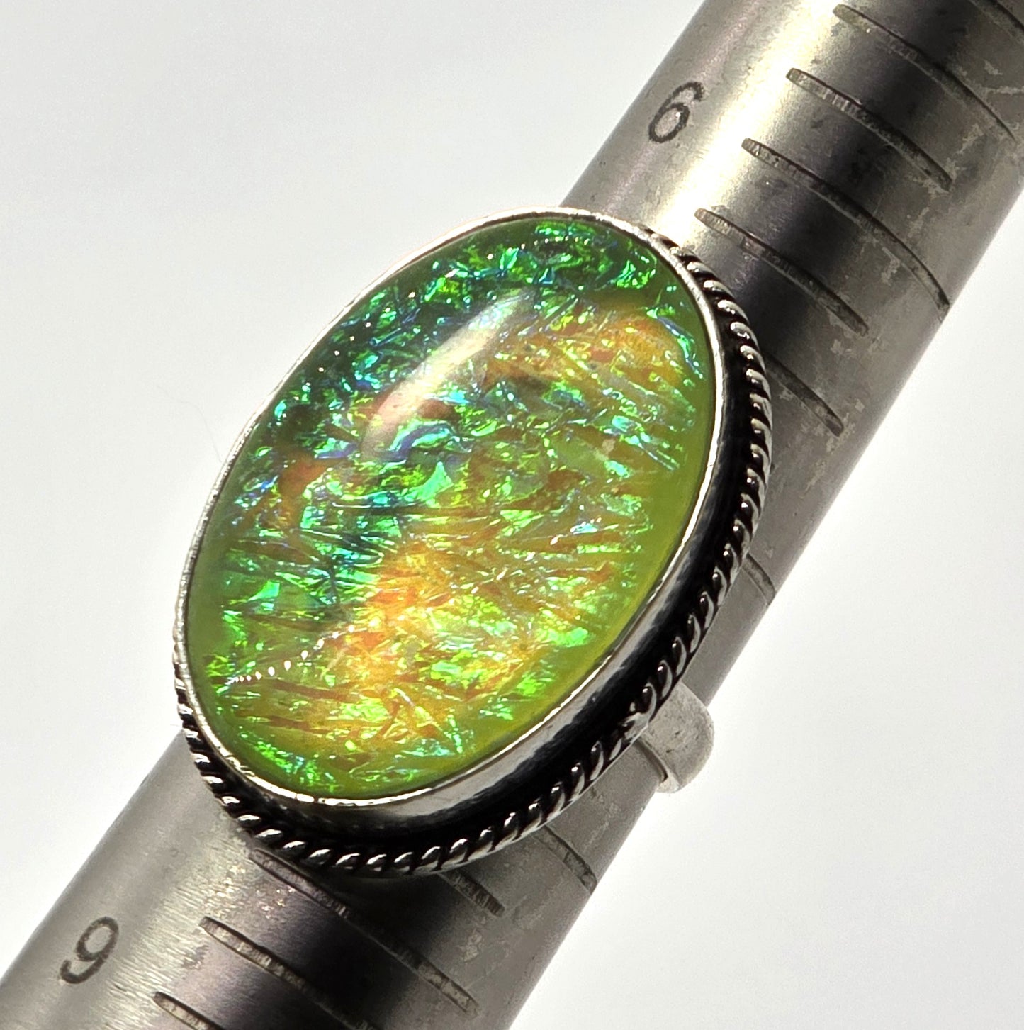 Dichroic foil glass green artisan plated  silver vintage ring size 7.5