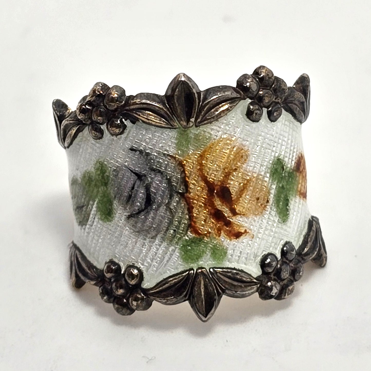 Vargas signed enamel flower vermeil vintage cigar band sterling silvers ring size 5