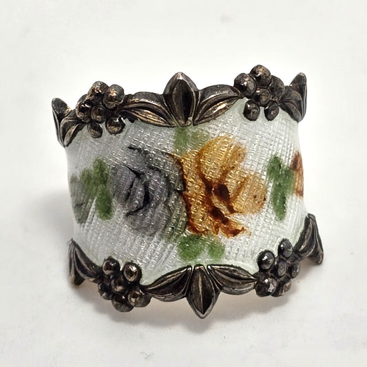 Vargas signed enamel flower vermeil vintage cigar band sterling silvers ring size 5